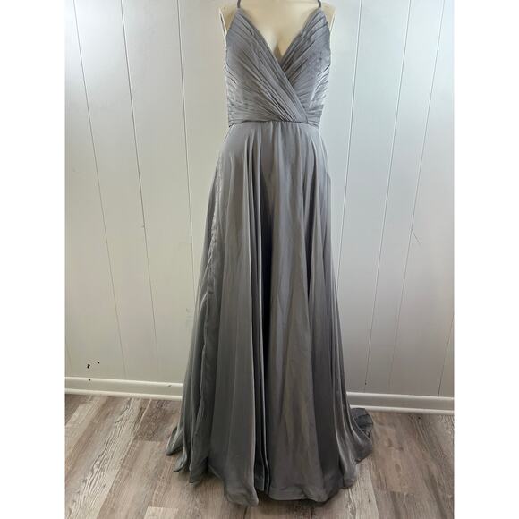 La Femme Chiffon Long Dress w/ pleated bodice w/ hidden zipper in Platinum. 
12 - Picture 2 of 11